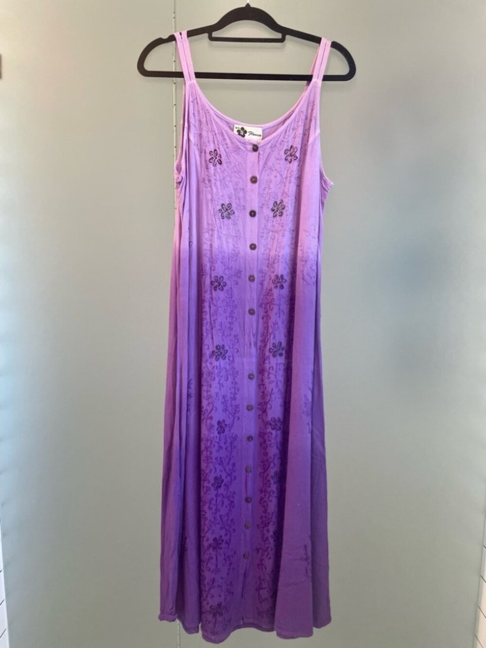 Vintage Purple Embroidered Boho Bamboo Button Down Summer Dress